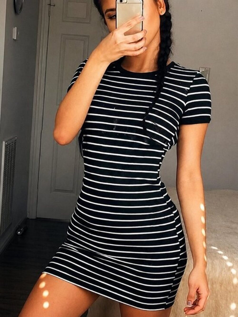 Black & White Striped Bodycon Mini Dress Short Sleeve NWT